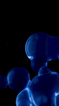 Lava lamp neon blue satisfying metaball bubbles floating as vertical background. Macro close up depth of field concept 3D animation backplate of elegant abstract decorative soothing oil balls.