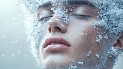 Close-up of a person's face covered in ice crystals.