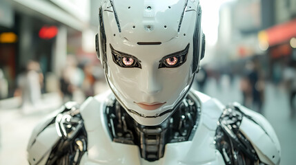 Fototapeta premium Close-up of a white robot with glowing eyes looking at the camera.