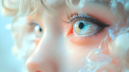 Close-up of a woman's blue eye with long eyelashes and soft skin.