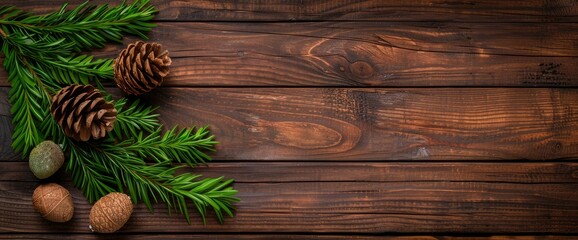 Rustic Wooden Background with Pine Branches and Cones