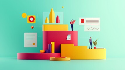Colorful digital marketing scene showcasing growth, analysis, and statistics with modern designs and abstract elements.