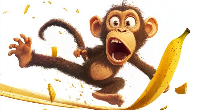 A playful cartoon monkey excitedly chases a banana.