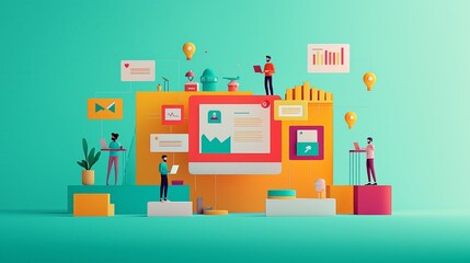 Colorful digital workspace with people interacting and analyzing data on screens, showcasing creativity and collaboration.