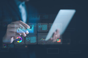 Business analysis invest strategy concept. Business man analyzing data report technology and plan high profit investment for company. Business growth up strategy.