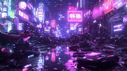 Fototapeta premium Neon City Street with Motorcycles and Rain