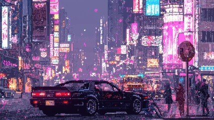 Night City Street with Neon Signs and Car