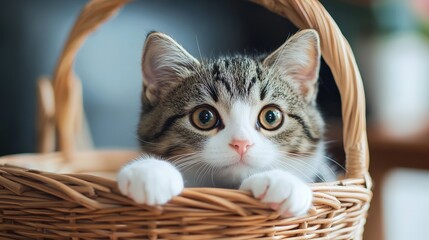 Charming Cat Relaxing in a Basket, Showcasing Its Cozy and Contented Pose with Soft Fur and an Inviting, Comfortable Setting