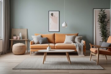 Modern Living Room Interior with Orange Sofa and Armchair
