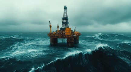 Aerial view of a solitary oil rig amidst tumultuous waves, surrounded by dark, overcast skies. The drone captures the harsh reality of oceanic energy extraction.