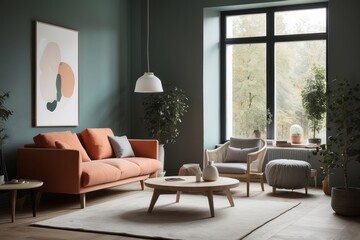 Modern Living Room with Orange Sofa, Wooden Coffee Table, and Green Plants
