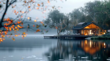 A Modern Cabin on a Tranquil Lake with a Cozy Fireplace