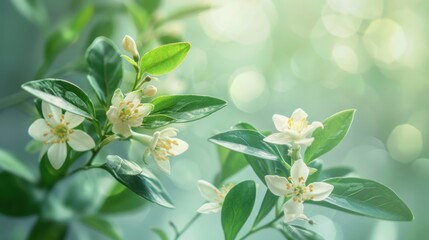 Fototapeta premium A close-up of delicate white blossoms on lush green leaves, with a soft, dreamy background of nature.