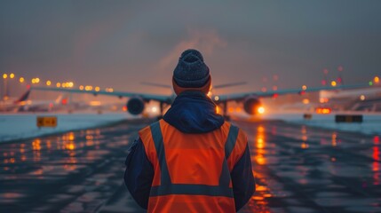 A ground crew member wearing a reflective vest oversees airport operations at dusk, with airplanes in the background.
