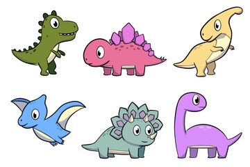 Cute dinosaur cartoon character set featuring colorful and happy dinos, perfect for kids. Includes T-Rex, pterodactyl, triceratops, and more. Isolated on white background.