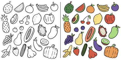 A collection of illustration fruits in two versions: black-and-white and colored. Includes bananas, watermelon, papaya, and more. Ideal for coloring books, illustrations, or graphic design.
