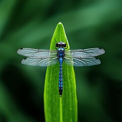 A stunning dragonfly perched on a green leaf, showcasing its intricate wings and vibrant colors in a natural setting.