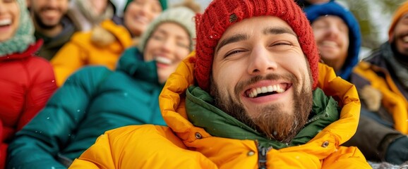 Happy Man with Friends in Winter