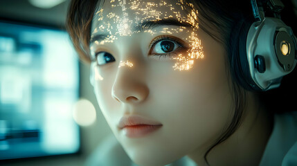 Close-up of a woman's face with glowing digital patterns.