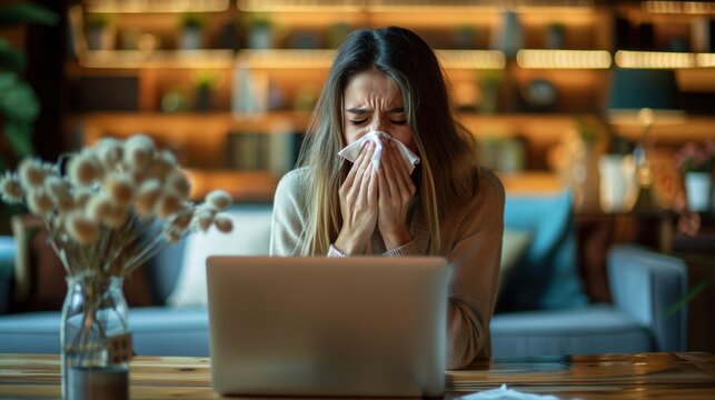 A woman sneezing into a tissue while working on a laptop in a cozy home setting, emphasizing the common cold or allergy.