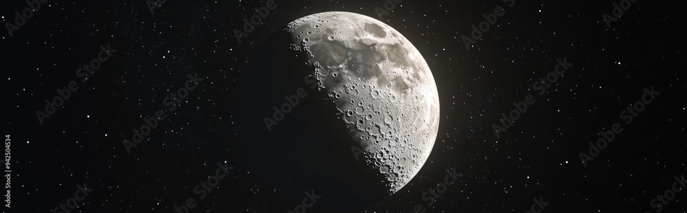 Aufkleber half moon in its first quarter phase isolated against a black sky depicted in a 3d cartoon rendering