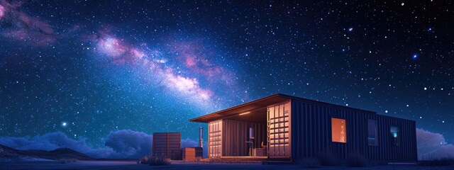 3D cartoon illustration featuring the Milky Way above a shipping container