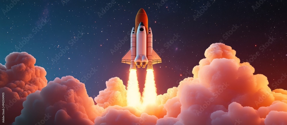 Aufkleber 3d cartoon rendering of a new spaceship shuttle successfully lifting off into the starry sky with bl