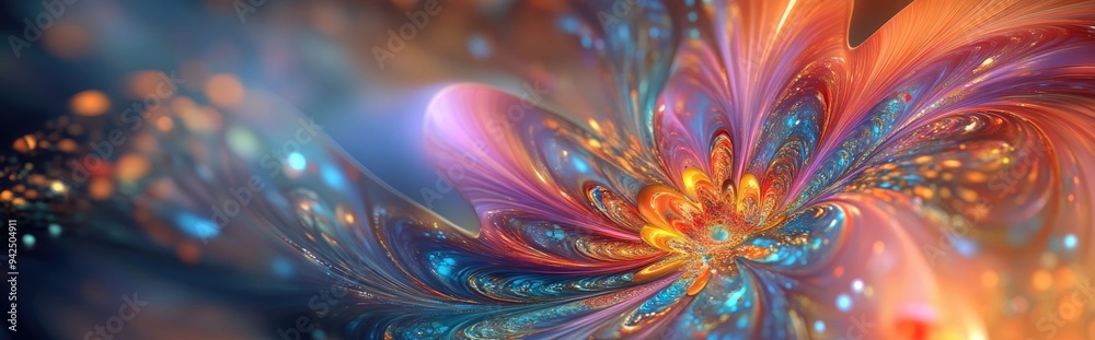 Poster Beautiful abstract background in 3D cartoon rendering featuring colorful floral fractals and modern graphic art This digital fantasy effect creates a trendy desktop wallpaper with a futuristic fra