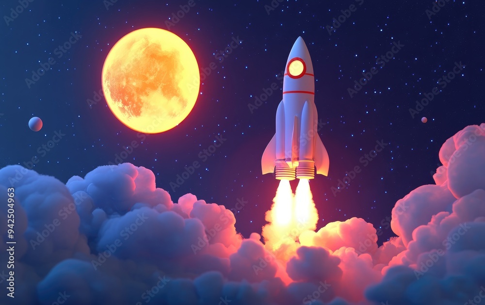 Poster Cartoon rendering in 3D of a new space rocket launching into the sky with smoke and clouds accompanied by a full moon Space mission liftoff concept