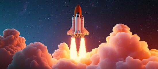 Naklejka premium 3D cartoon rendering of a new spaceship shuttle successfully lifting off into the starry sky with blasts and puffs of smoke Space mission and rocket launch