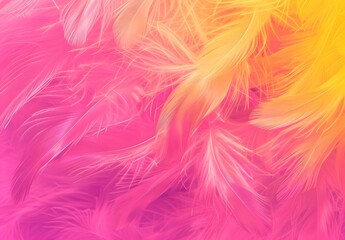 Fototapeta premium Vibrant pink and yellow gradient background with feather texture for a festive touch. The soft, fluffy feathers add an artistic feel to the design, creating a visually appealing and dynamic wallpaper 