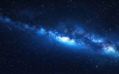 Naklejka premium Night starry sky with a bright blue galaxy in a horizontal 3D cartoon rendering Illustration of the Milky Way and universe