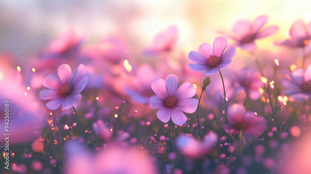 Poster blurred background of pink cosmos flowers in an autumn field featuring 3d cartoon rendering