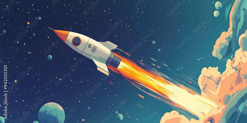 Poster Rocket and outer space in a 3D cartoon rendering digital drawing