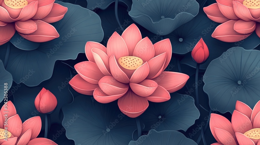Poster Stylized hand drawn lotus flowers seamless pattern in oriental style created with 3D cartoon rendering Endless background