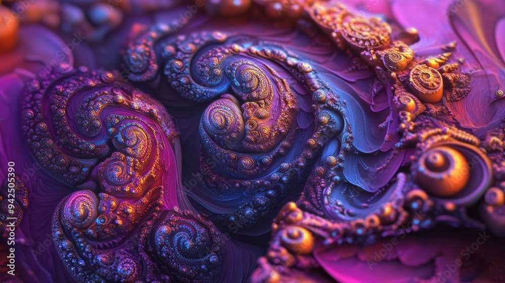 Poster Abstract fractal patterns and shapes in a 3D cartoon rendering Mysterious psychedelic relaxation pattern with dynamic flowing natural forms Sacred geometry featuring mystical spirals Vibrant color