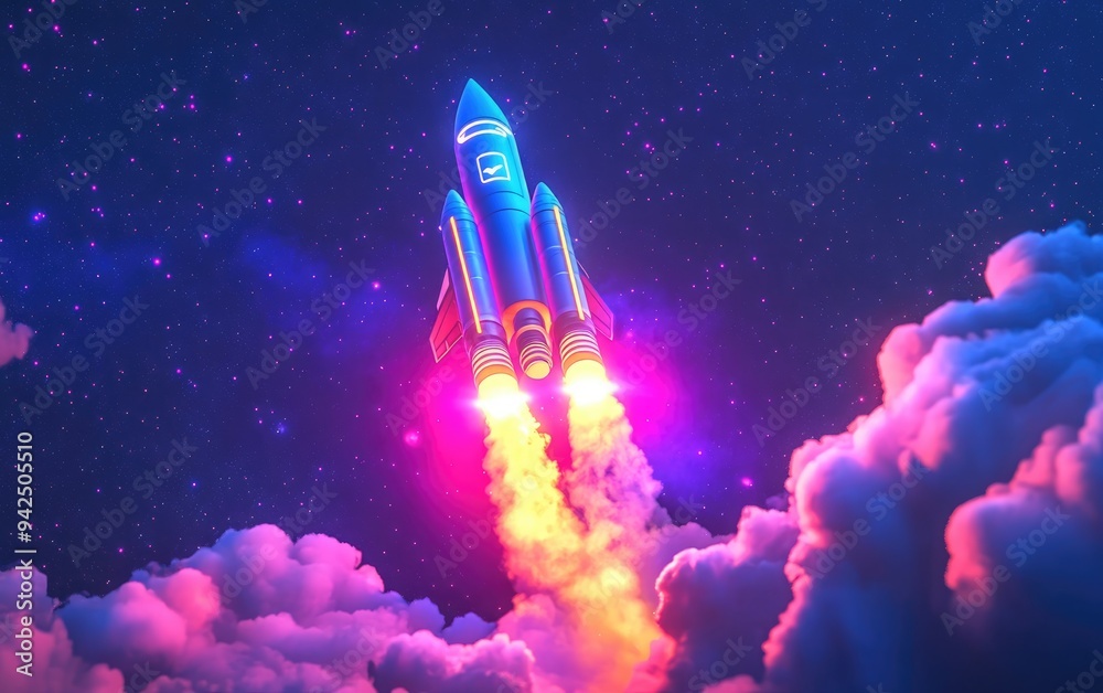 Aufkleber Rocket soaring into the starry sky in a 3D cartoon rendering Spaceship commences its mission Space shuttle launches for the mission