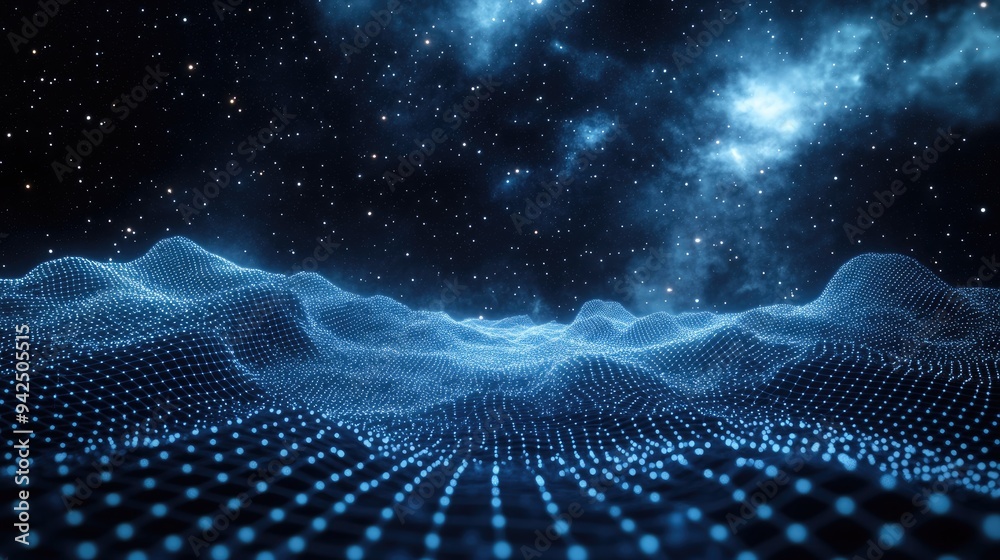Poster 3D illustration of an abstract landscape featuring a cyberspace grid on a dark background showcasing a starry outer space texture and a hi tech network
