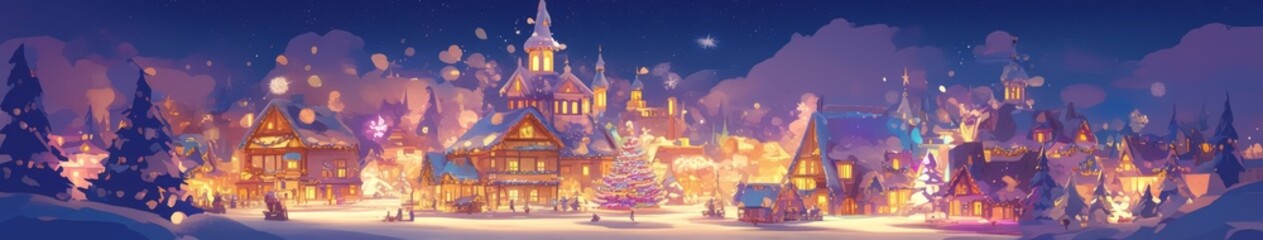 Obraz premium Enchanting Winter Wonderland: Anime-Style Snowy Town Illuminated by Northern Lights, Reflecting Christmas Magic - Creative Marketing Template for Holiday Campaigns, Seasonal Promotions, and Festive We