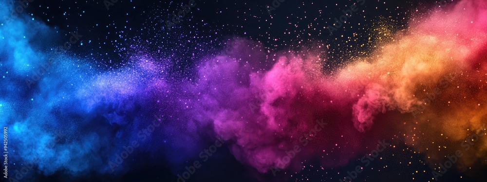 Aufkleber Abstract powder splatted background in 3D cartoon rendering featuring freeze motion of color powder exploding and multicolored glitter texture on a dark backdrop