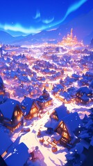 Enchanting Winter Wonderland: Anime-Style Snowy Town Illuminated by Northern Lights, Reflecting Christmas Magic - Creative Marketing Template for Holiday Campaigns, Seasonal Promotions, and Festive We