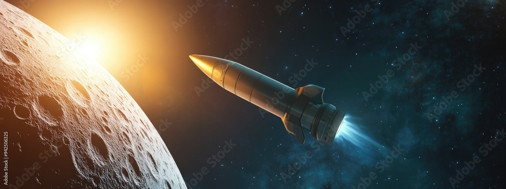 Poster A rocket soaring to the moon in a 3D cartoon rendering with sunlight breaking through behind the moon