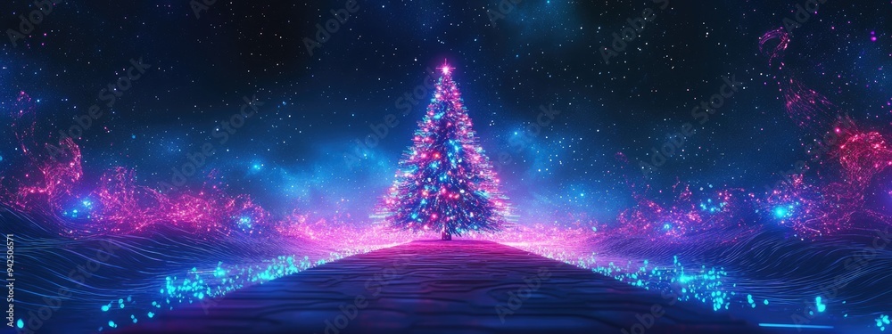 Poster neon techno christmas tree in a 3d cartoon rendering with a cosmic blue dark retro futuristic abstra