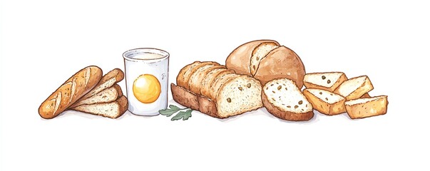 A delightful arrangement of fresh bread, an egg, and milk, perfect for breakfast or bakery themed projects.