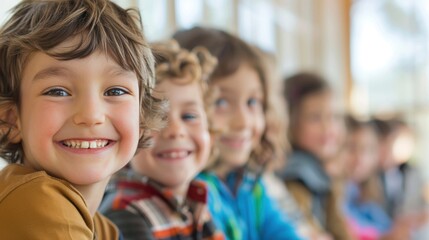 A group of happy children smiling and sitting together in a classroom, creating a cheerful and lively atmosphere.