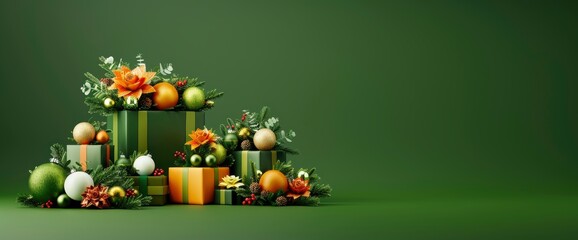 Fototapeta premium Christmas Gifts with Green and Orange Decorations