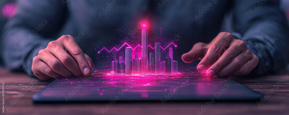 Poster a person interacts with a digital tablet displaying neon graph data, symbolizing technology and data