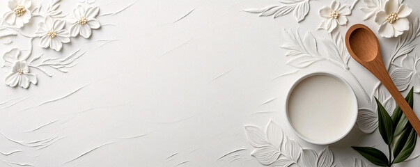 A minimalist composition featuring a bowl, spoon, and flowers against a textured white background, perfect for culinary themes.