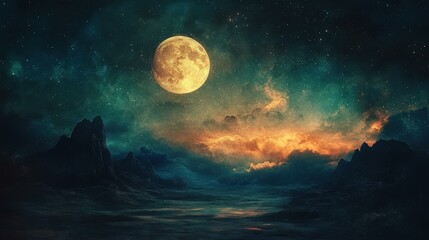 Fototapeta premium Fantasy Landscape with Full Moon and Stars