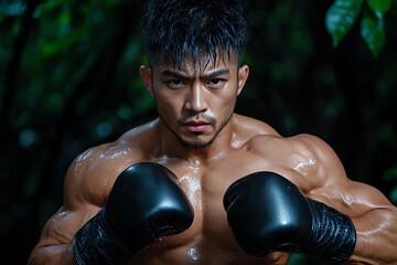 A determined boxer prepares for a match in a lush, green environment, showcasing strength and focus under natural lighting.